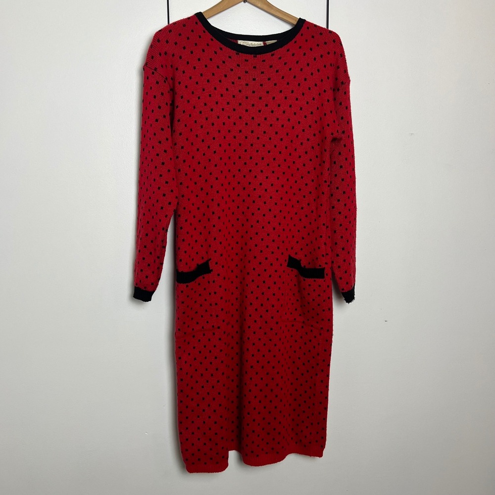 Vintage Liz Claiborne Knitwear Dress Polkadots Pockets Mid Calf Length Size L